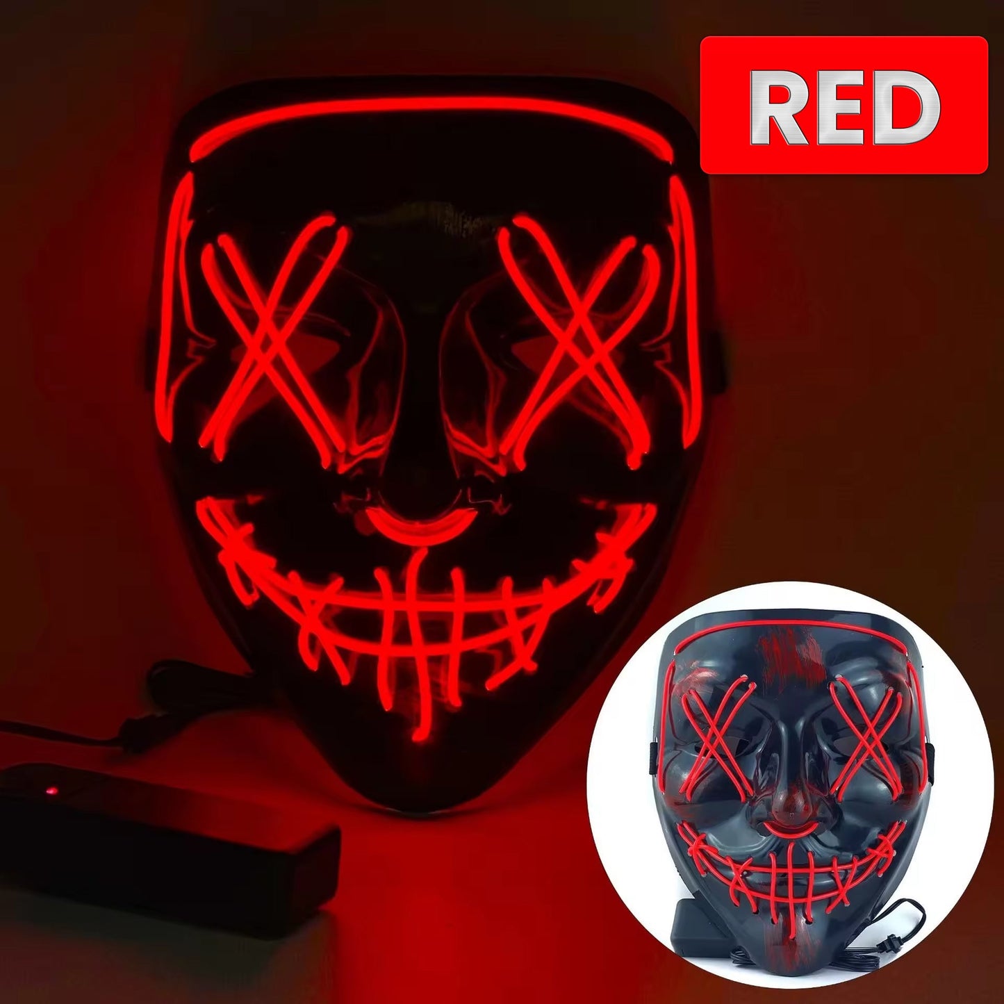 Halloween Glowing Mask, Black V-Shaped Bloody Scary LED Mask, Ghost Face, EL Fluorescent Atmosphere Prop