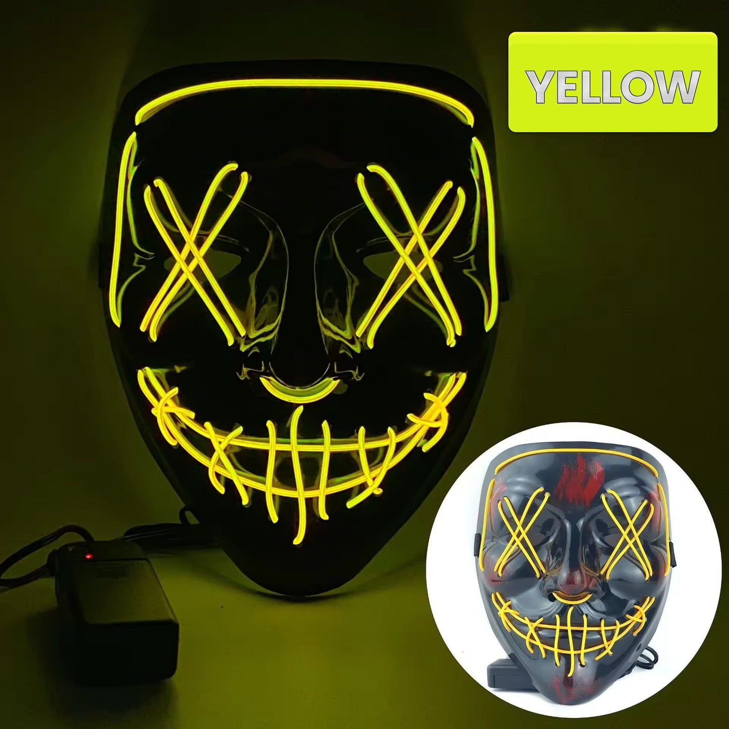 Halloween Glowing Mask, Black V-Shaped Bloody Scary LED Mask, Ghost Face, EL Fluorescent Atmosphere Prop
