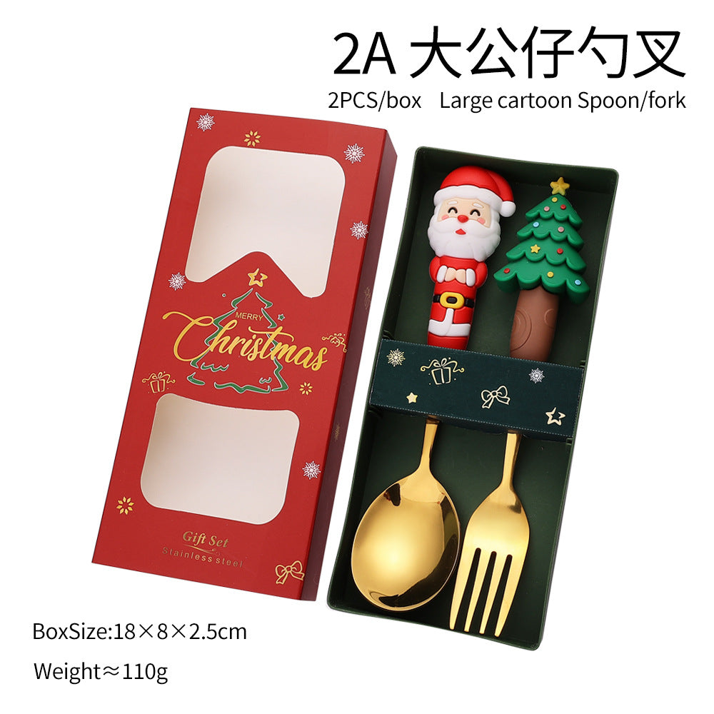 Jolly Holiday Helpers! Christmas Santa & Tree Spork Set in Shiny Gold