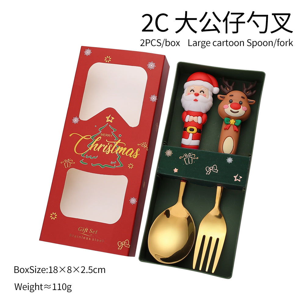 Jolly Holiday Helpers! Christmas Santa & Tree Spork Set in Shiny Gold