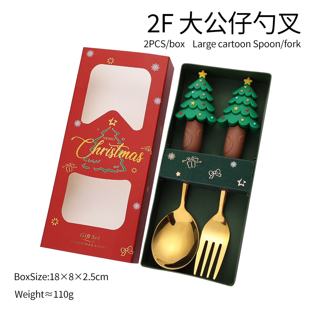 Jolly Holiday Helpers! Christmas Santa & Tree Spork Set in Shiny Gold